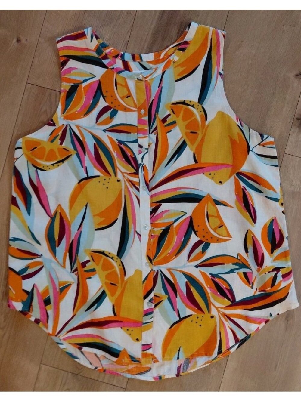 C&C California 100% Linen Sleeveless Oversized Fruit Print Large Yellow Orange